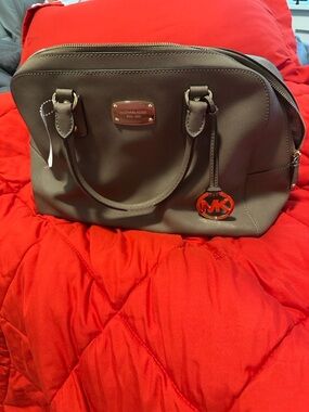 Michael Kors Taupe Saffiano Dome Satchel with Gold MK Charm